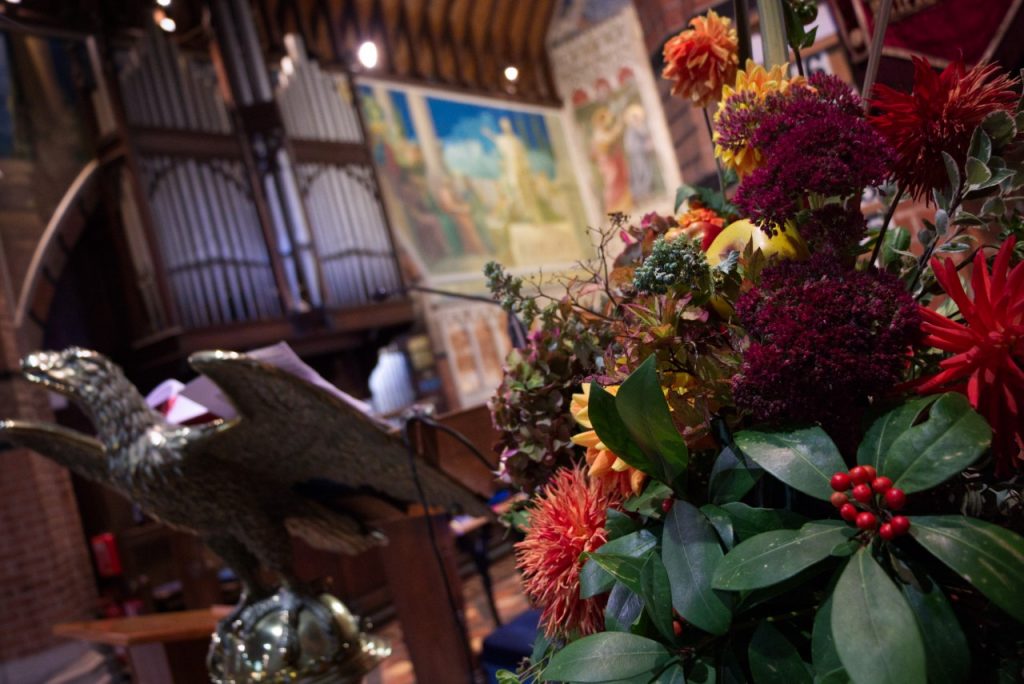 Flowers decorating the church for harvest