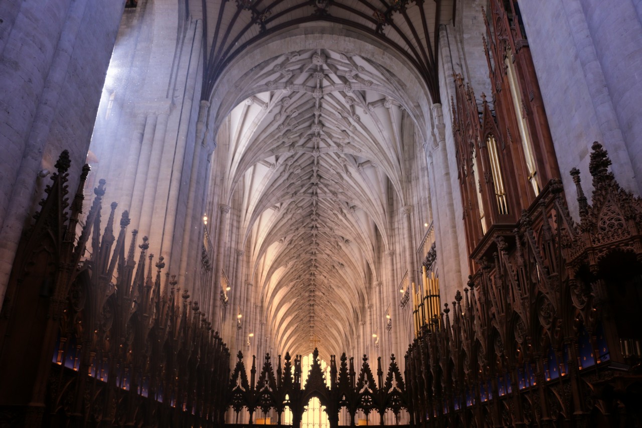 Winchester Cathedral interior at evening